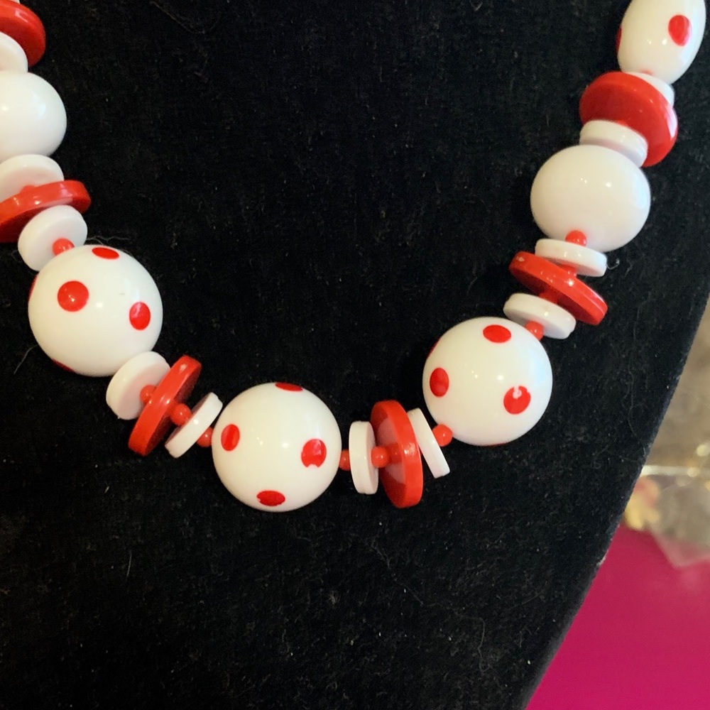 Red and White Polka Dot Beaded Necklace